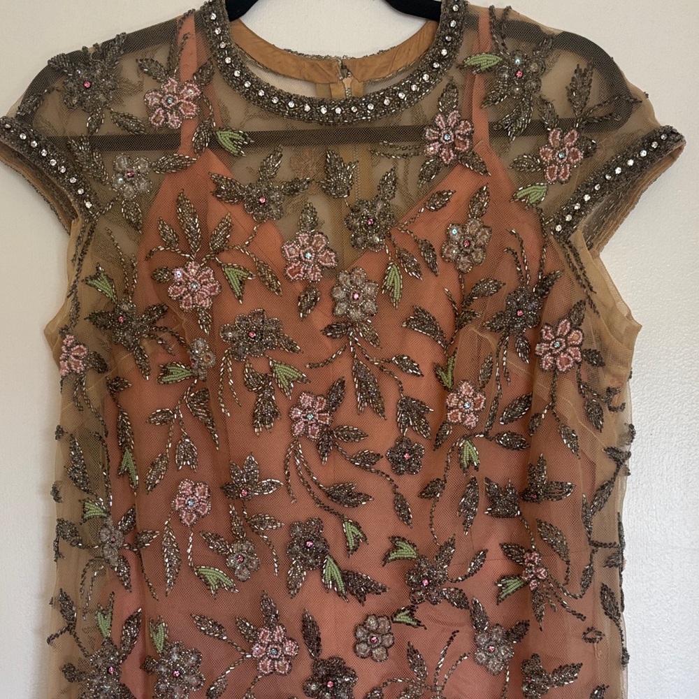 Stunning Vintage handmade Peach Floral with Sheer Beaded Overlay - Picture 5 of 16